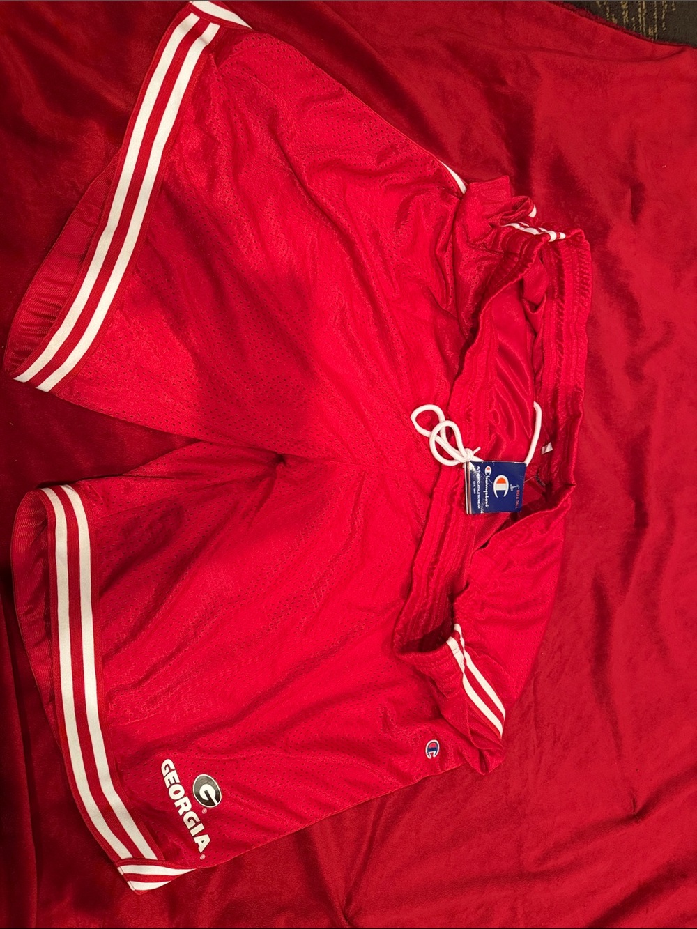 Champion Red Athletic Mesh Shorts with White Stripe Trim